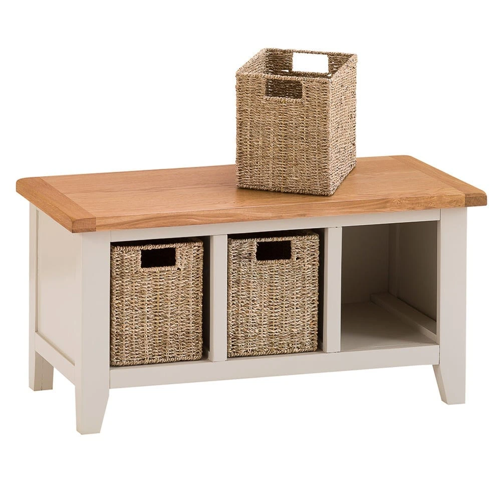 Chester Stone Painted Oak Hall Bench With Wicker Baskets 3 Chester Stone Painted Oak Hall Bench With Wicker Baskets - Image 3