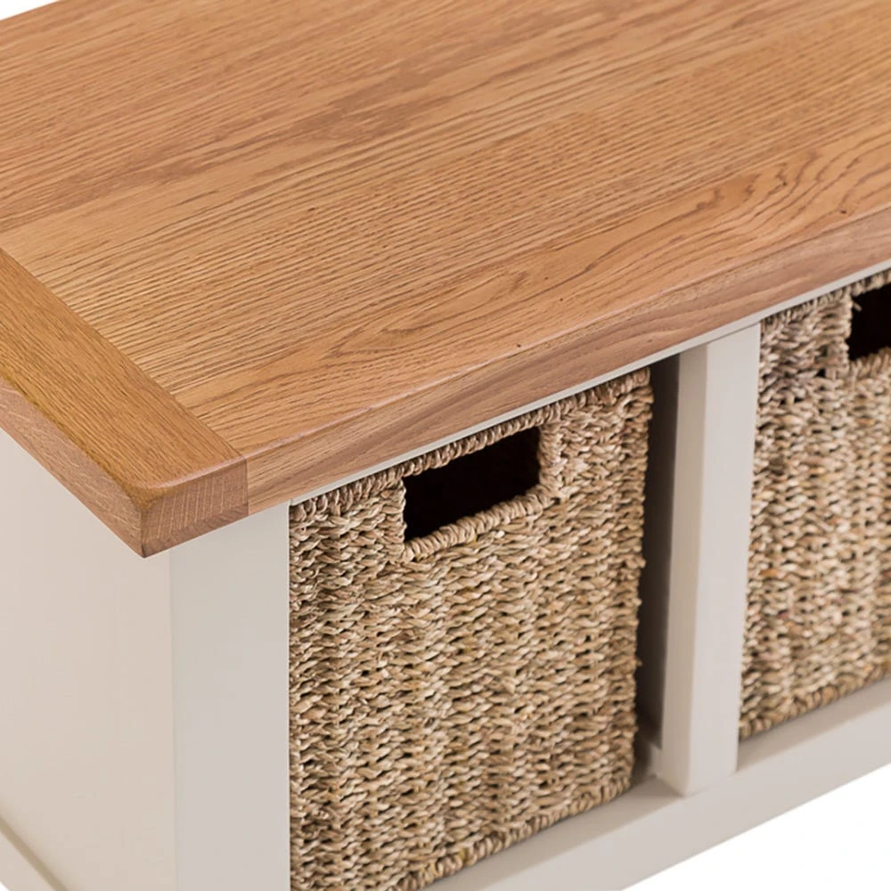 Chester Stone Painted Oak Hall Bench With Wicker Baskets 4 Chester Stone Painted Oak Hall Bench With Wicker Baskets - Image 4