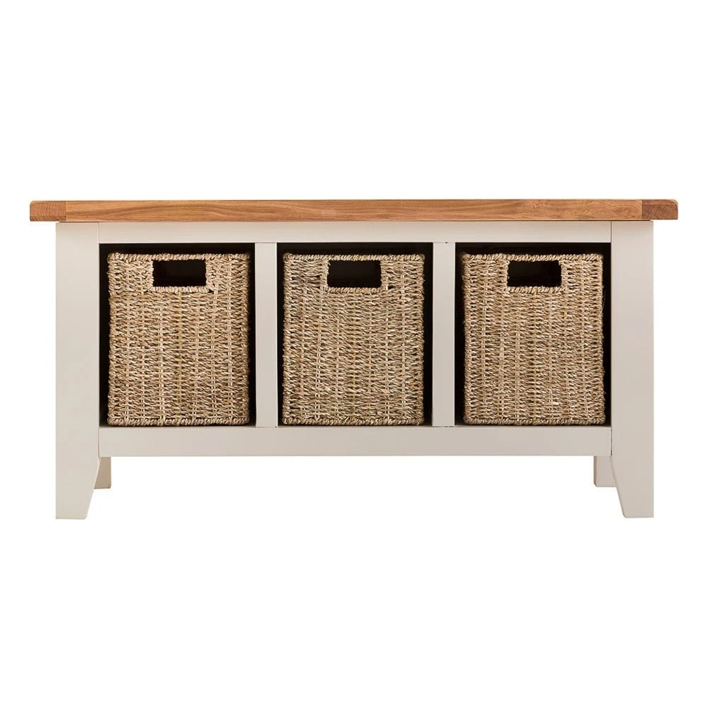 Chester Stone Painted Oak Hall Bench With Wicker Baskets 9 Chester Stone Painted Oak Hall Bench With Wicker Baskets - Image 9