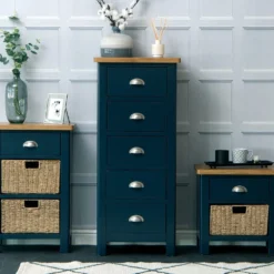 Rutland Blue Painted Oak 5 Drawer Tallboy