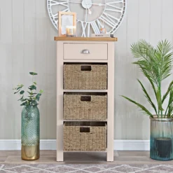 Rutland Painted Oak 1 Drawer 3 Wicker Basket Cabinet