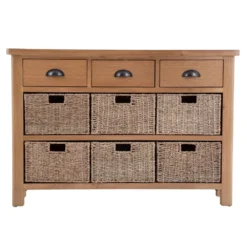 Rutland Oak 3 Drawer 6 Wicker Basket Cabinet -Furniture Specialty Store rao c36 10