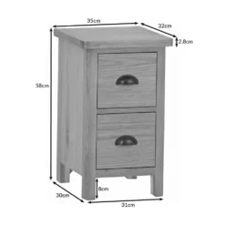 Rutland Oak 2 Drawer Slim Bedside Table -Furniture Specialty Store rao sbsc dims