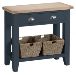 Suffolk Midnight Grey Painted Oak Console Table With Wicker Baskets