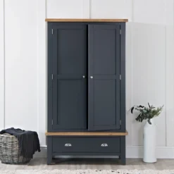 Suffolk Midnight Grey Painted Oak 2 Door Wardrobe With Drawer