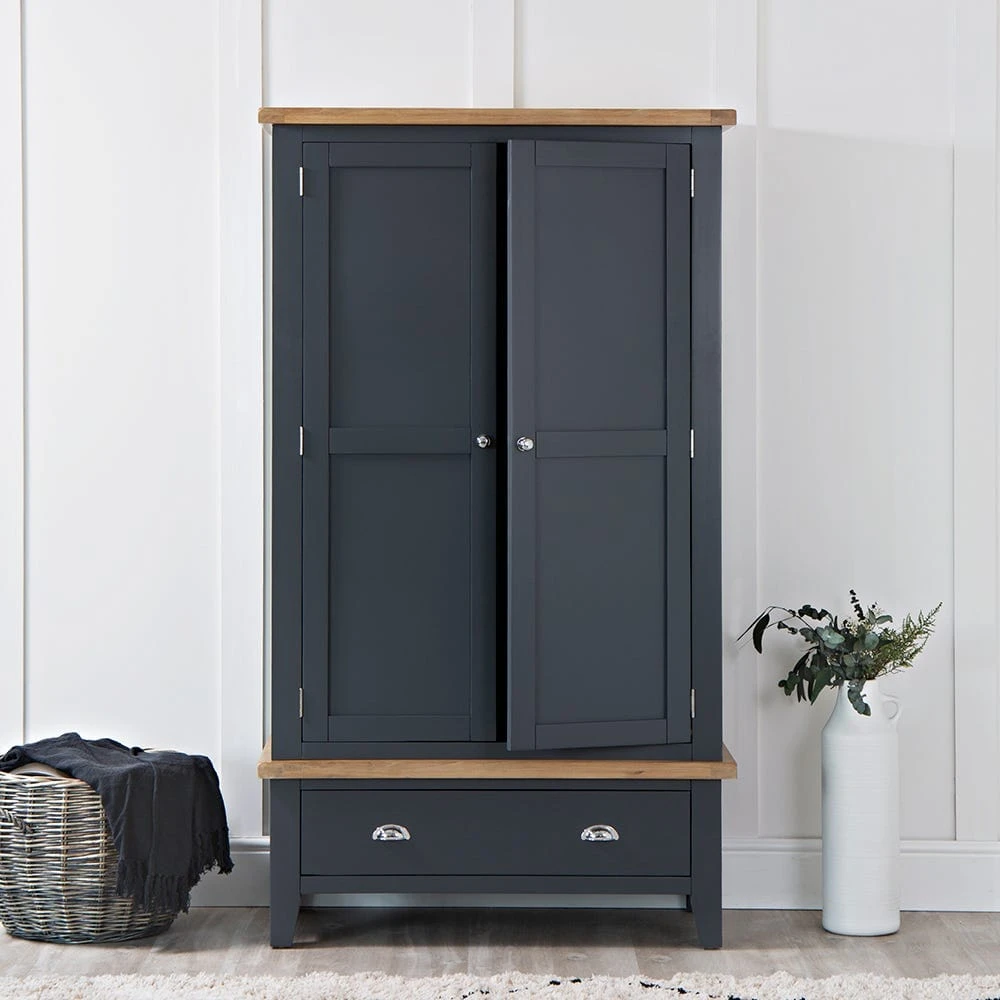 Suffolk Midnight Grey Painted Oak 2 Door Wardrobe With Drawer 1 Suffolk Midnight Grey Painted Oak 2 Door Wardrobe With Drawer
