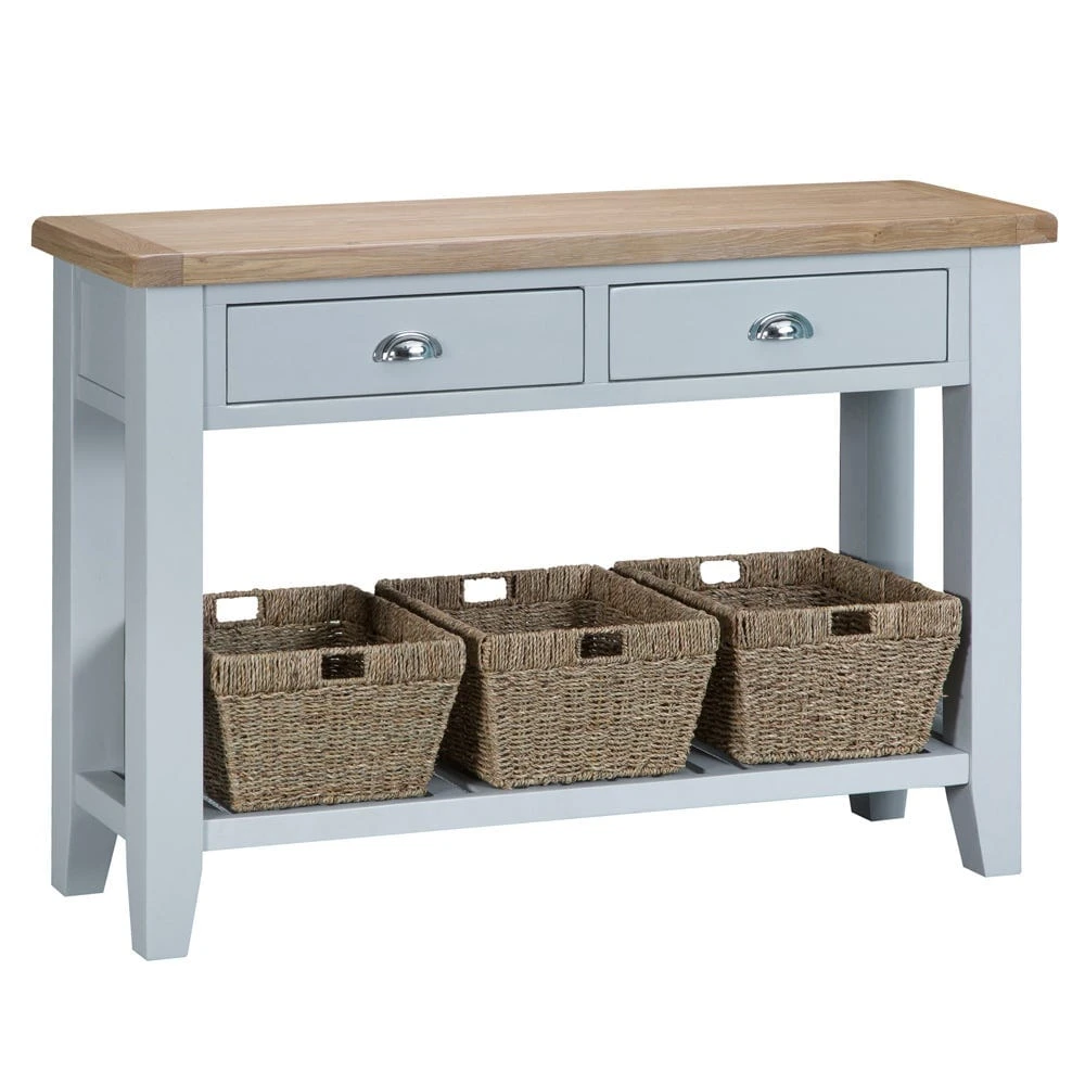 Suffolk Grey Painted Oak Large Console Table With Wicker Baskets 1 Suffolk Grey Painted Oak Large Console Table With Wicker Baskets