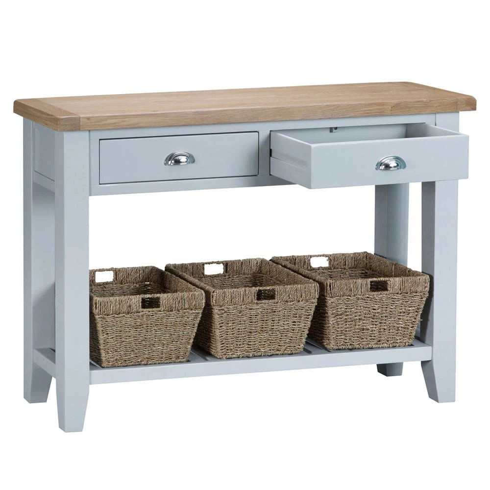 Suffolk Grey Painted Oak Large Console Table With Wicker Baskets 2 Suffolk Grey Painted Oak Large Console Table With Wicker Baskets - Image 2