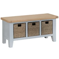 Suffolk Grey Painted Oak Large Hall Bench With Wicker Baskets