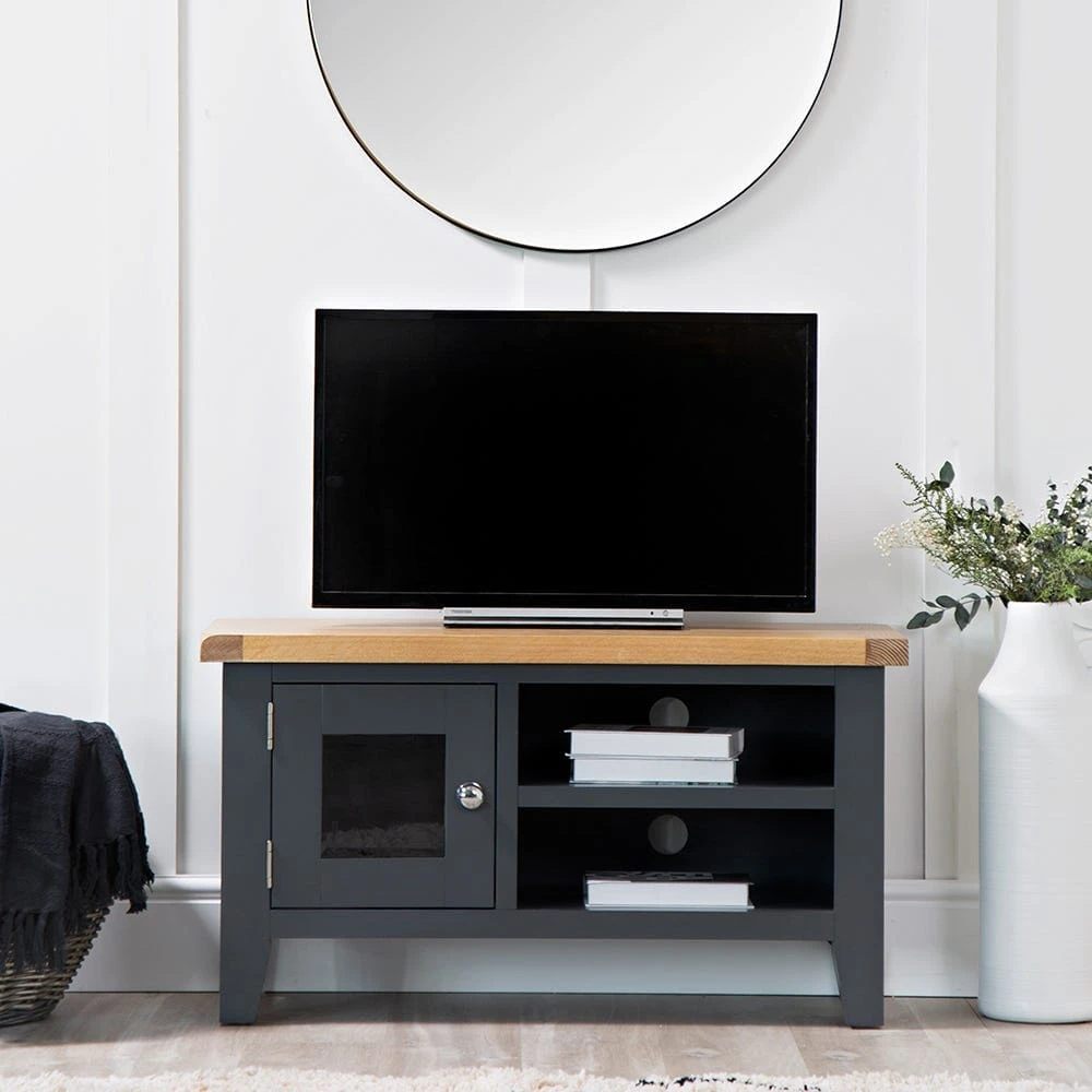 Suffolk Midnight Grey Painted Oak TV Unit 1 Suffolk Midnight Grey Painted Oak TV Unit