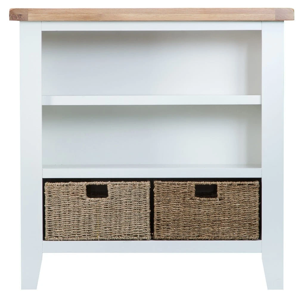 Suffolk White Painted Oak Small Wide Bookcase With Wicker Baskets 7 Suffolk White Painted Oak Small Wide Bookcase With Wicker Baskets - Image 7