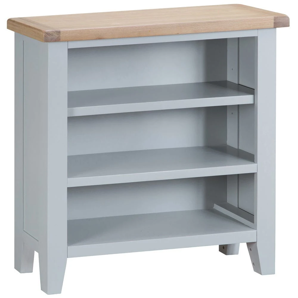 Suffolk Grey Painted Oak Small Wide Bookcase With Wicker Baskets 2 Suffolk Grey Painted Oak Small Wide Bookcase With Wicker Baskets - Image 2