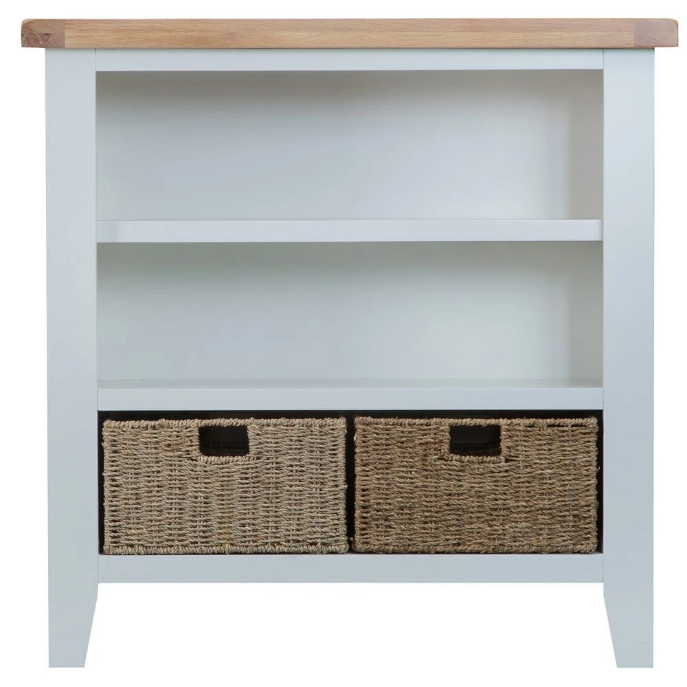 Suffolk Grey Painted Oak Small Wide Bookcase With Wicker Baskets 7 Suffolk Grey Painted Oak Small Wide Bookcase With Wicker Baskets - Image 7