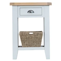Suffolk White Painted Oak Telephone Table With Wicker Basket -Furniture Specialty Store tt tel wh 4