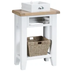 Suffolk White Painted Oak Telephone Table With Wicker Basket -Furniture Specialty Store tt tel wh 7