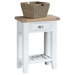 Suffolk White Painted Oak Telephone Table With Wicker Basket -Furniture Specialty Store tt tel wh 8