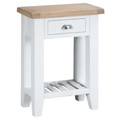 Suffolk White Painted Oak Telephone Table With Wicker Basket -Furniture Specialty Store tt tel wh 9