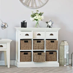 Monaco White Wicker 3 Drawer 6 Wicker Basket Sideboard