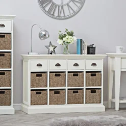 Monaco White Wicker 4 Drawer 8 Wicker Basket Sideboard